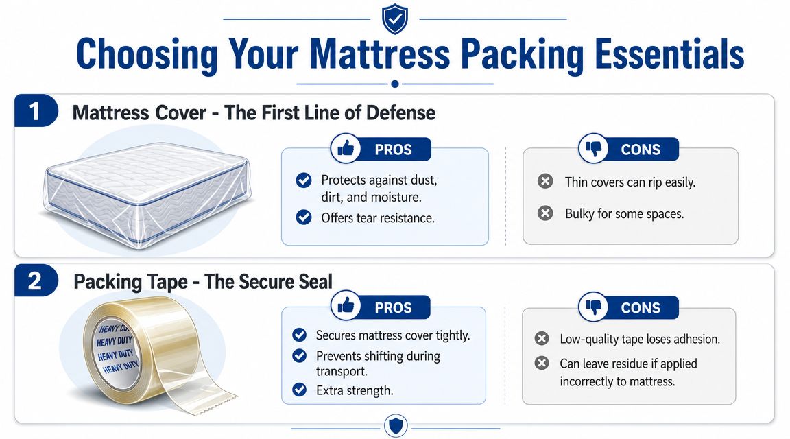 An infographic showing essential mattress packing supplies including protective covers and heavy duty packing tape.