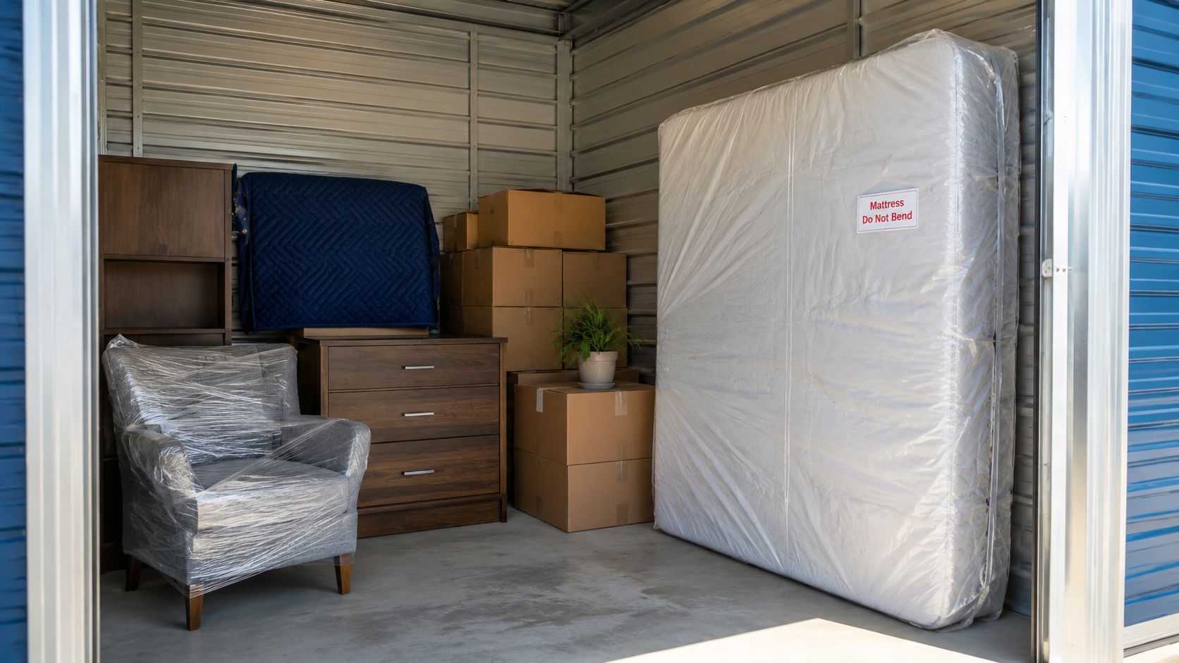 A storage unit filled with household items including a wrapped mattress, armchair, dresser, and several cardboard boxes.