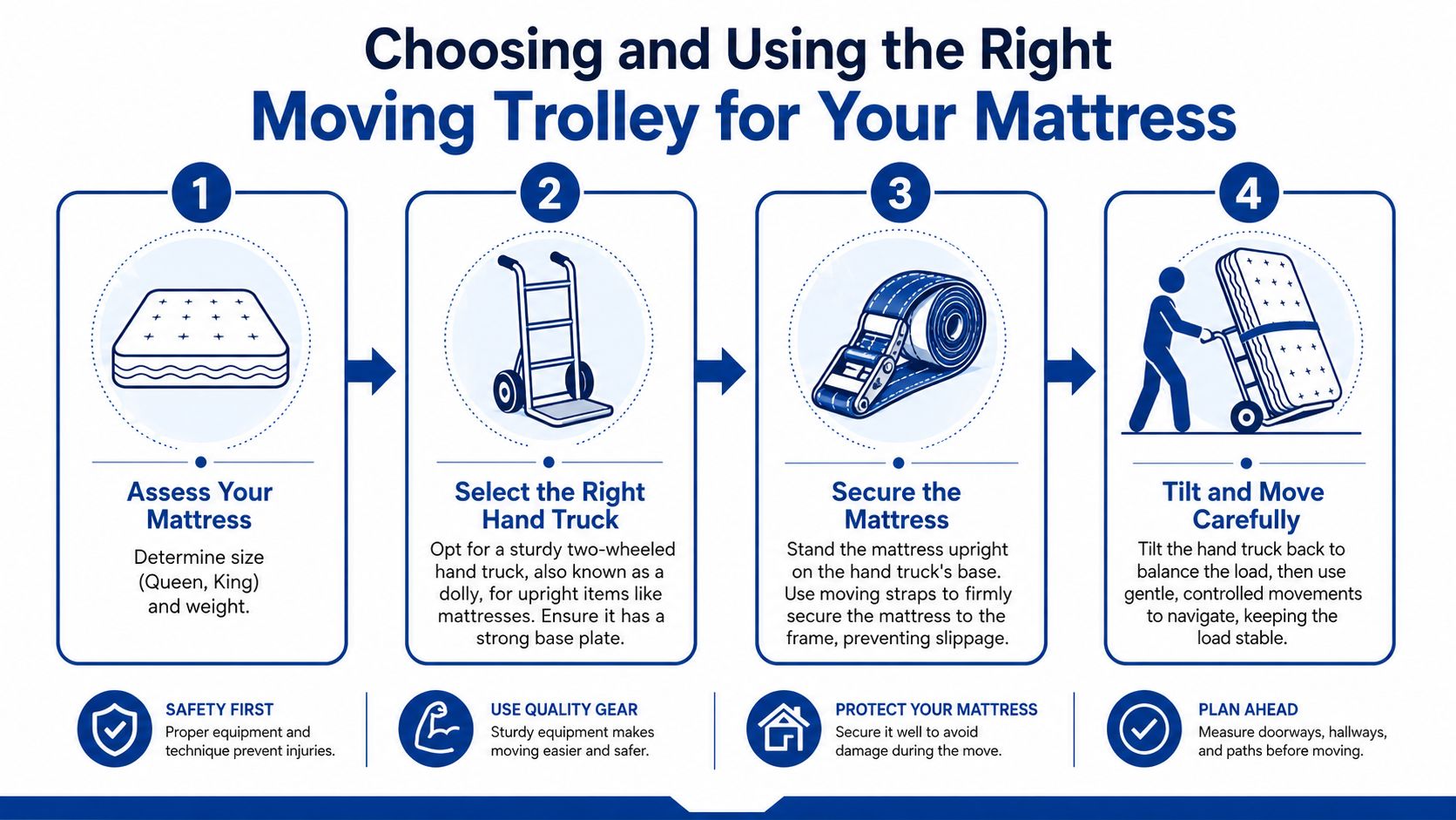 An infographic showing four simple steps to move a mattress safely using a hand truck trolley.