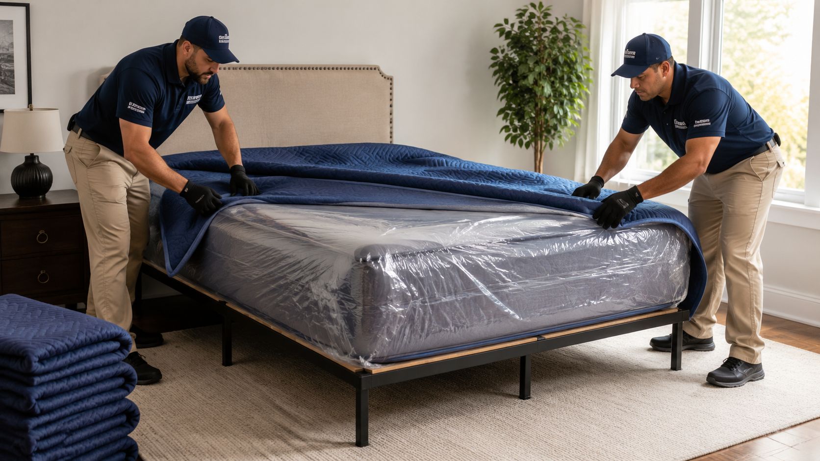 Two professional movers in uniform carefully draping a protective blue moving blanket over a plastic-wrapped mattress.
