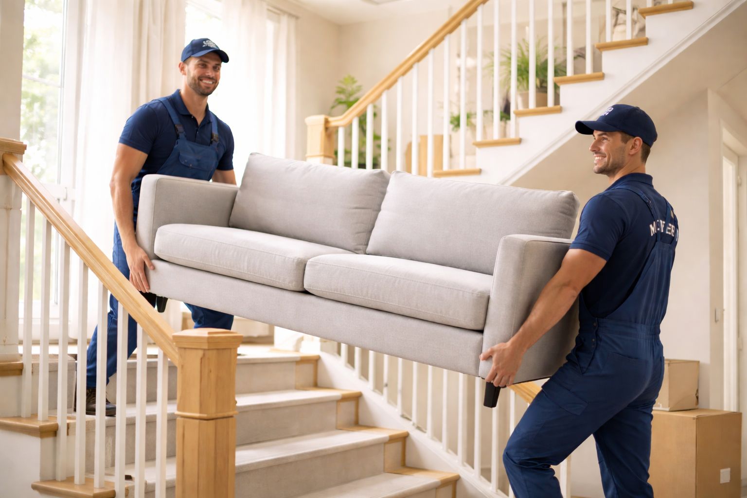 Two professional movers in blue uniforms carrying a grey sofa up a residential staircase.
