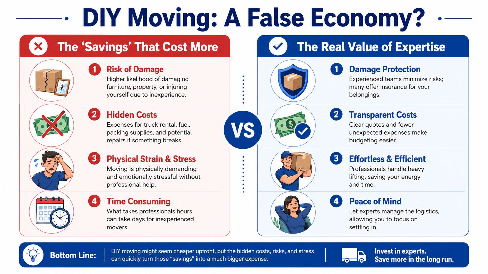 An infographic comparing the hidden costs of DIY moving versus the professional value of hiring expert movers.