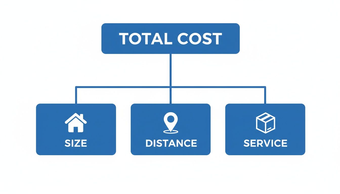 A diagram illustrating the total cost breakdown based on size, distance, and service factors.