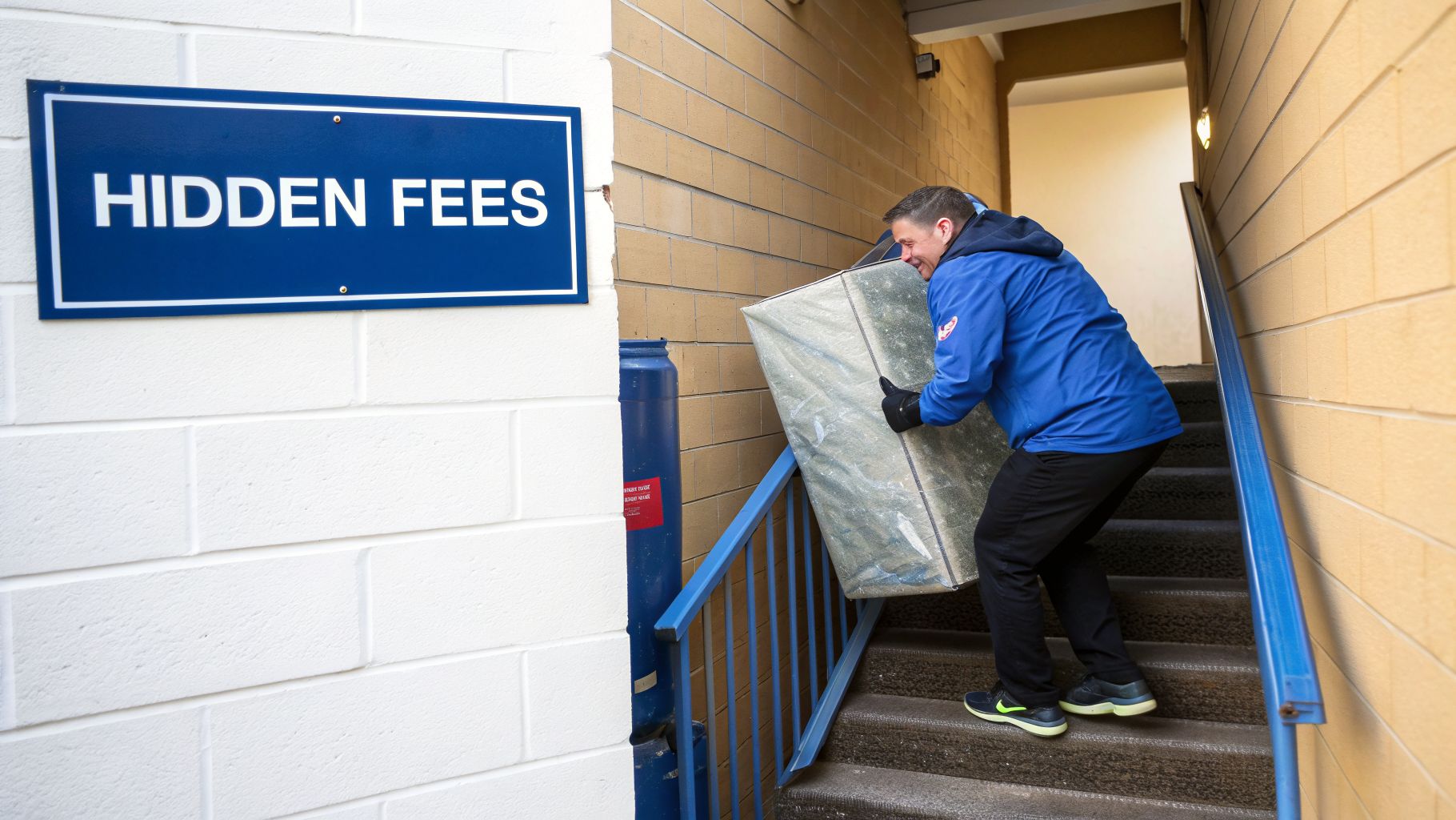A man in a blue jacket struggles to carry a large mattress up stairs next to a "HIDDEN FEES" sign.