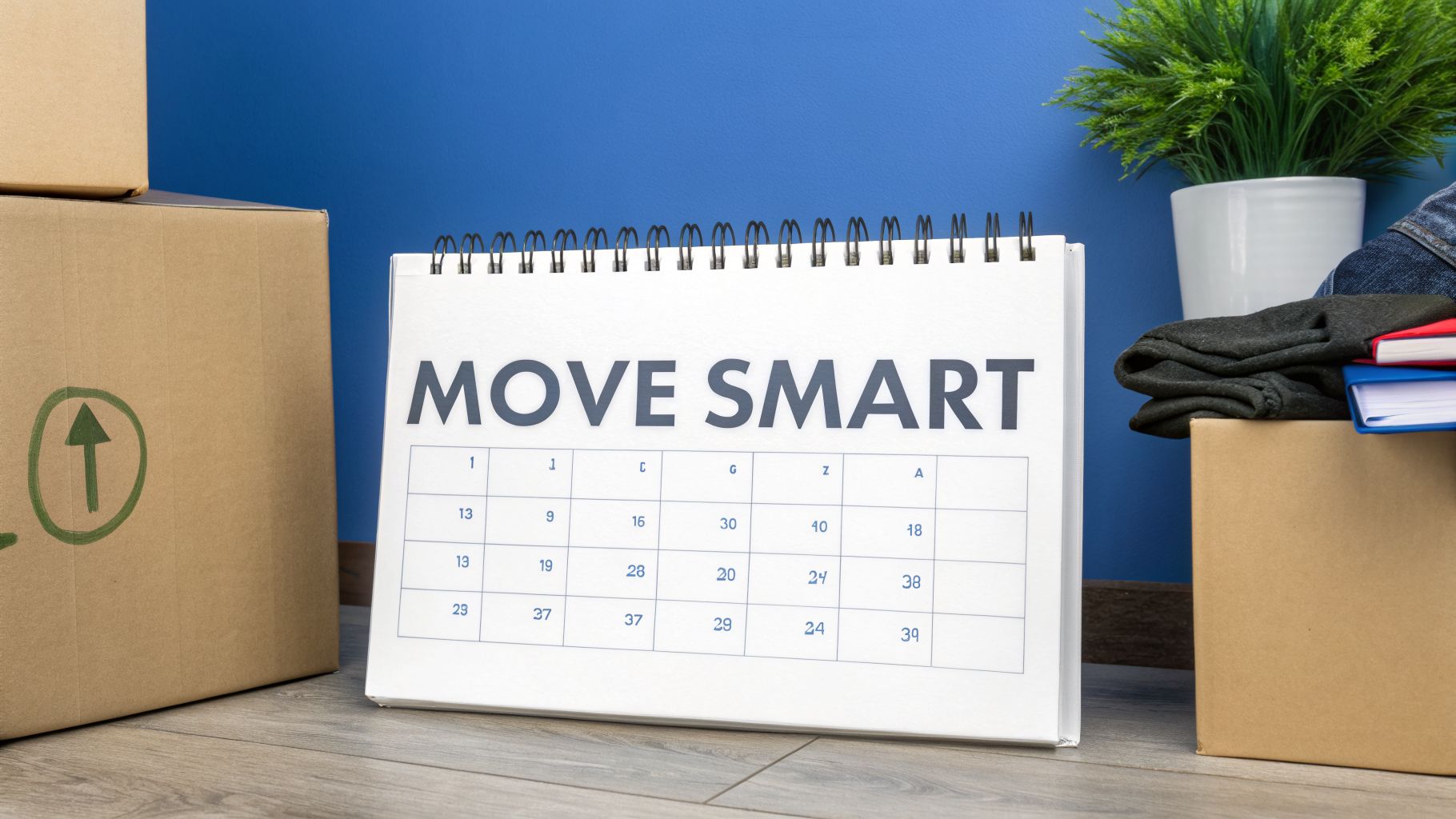A calendar displaying "MOVE SMART" next to cardboard moving boxes and packed items, set against a blue wall.