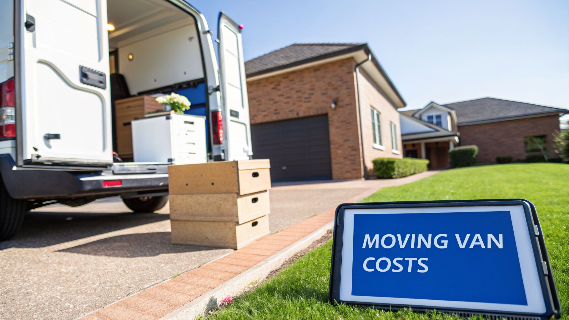 A white moving van filled with moving boxes on a driveway, with a 'MOVING VAN COSTS' sign on the lawn.