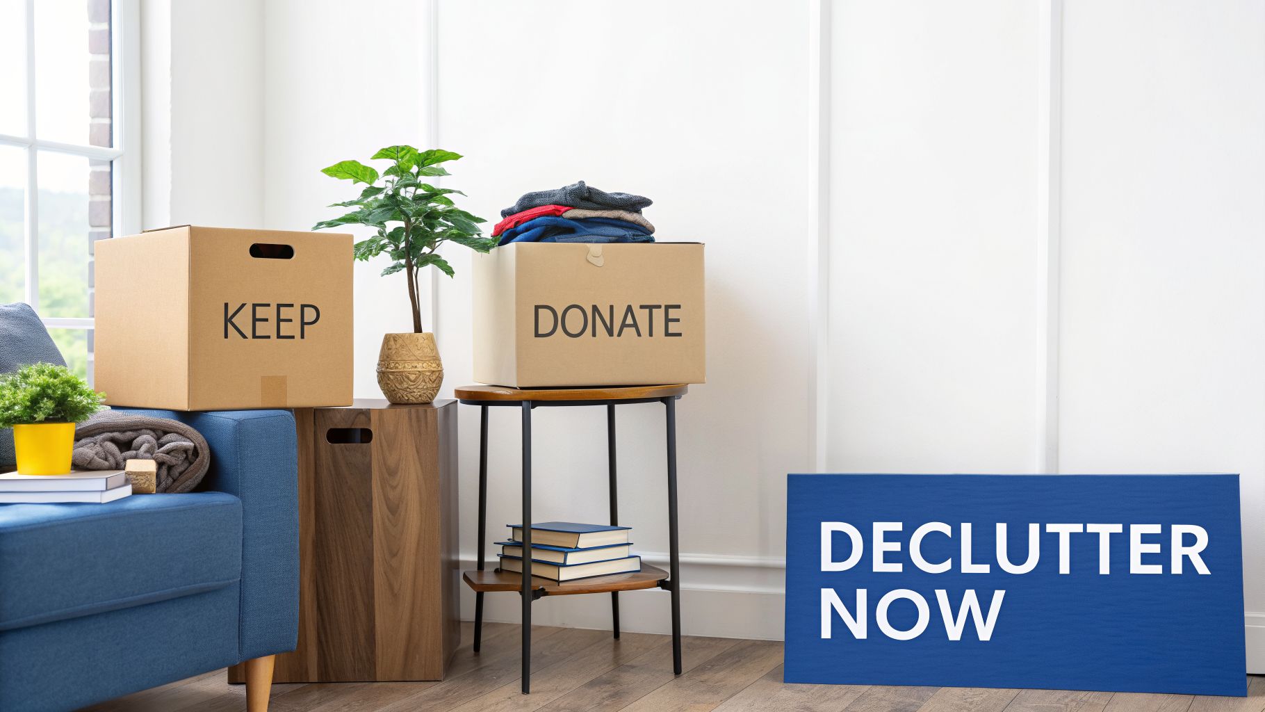 Two cardboard boxes, one labeled 'KEEP' and another 'DONATE' with clothes, for home organization.