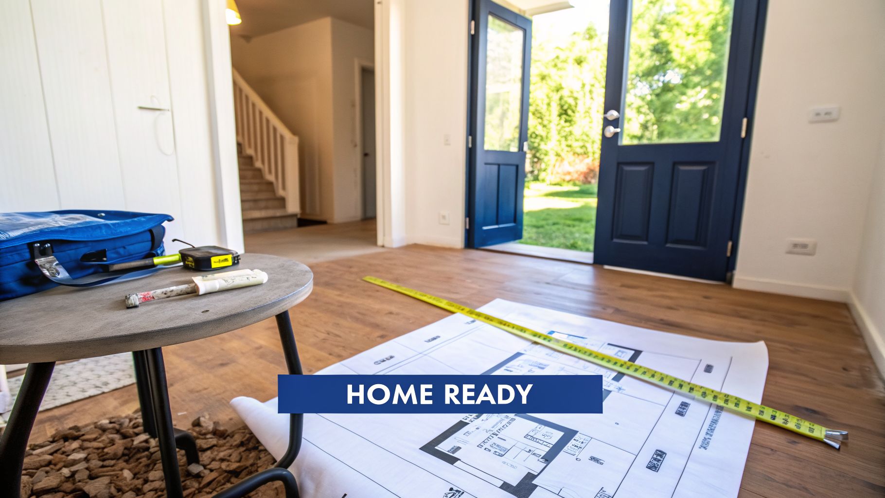 Blueprints and construction tools lay on a wooden floor in a bright, new home with an open door.