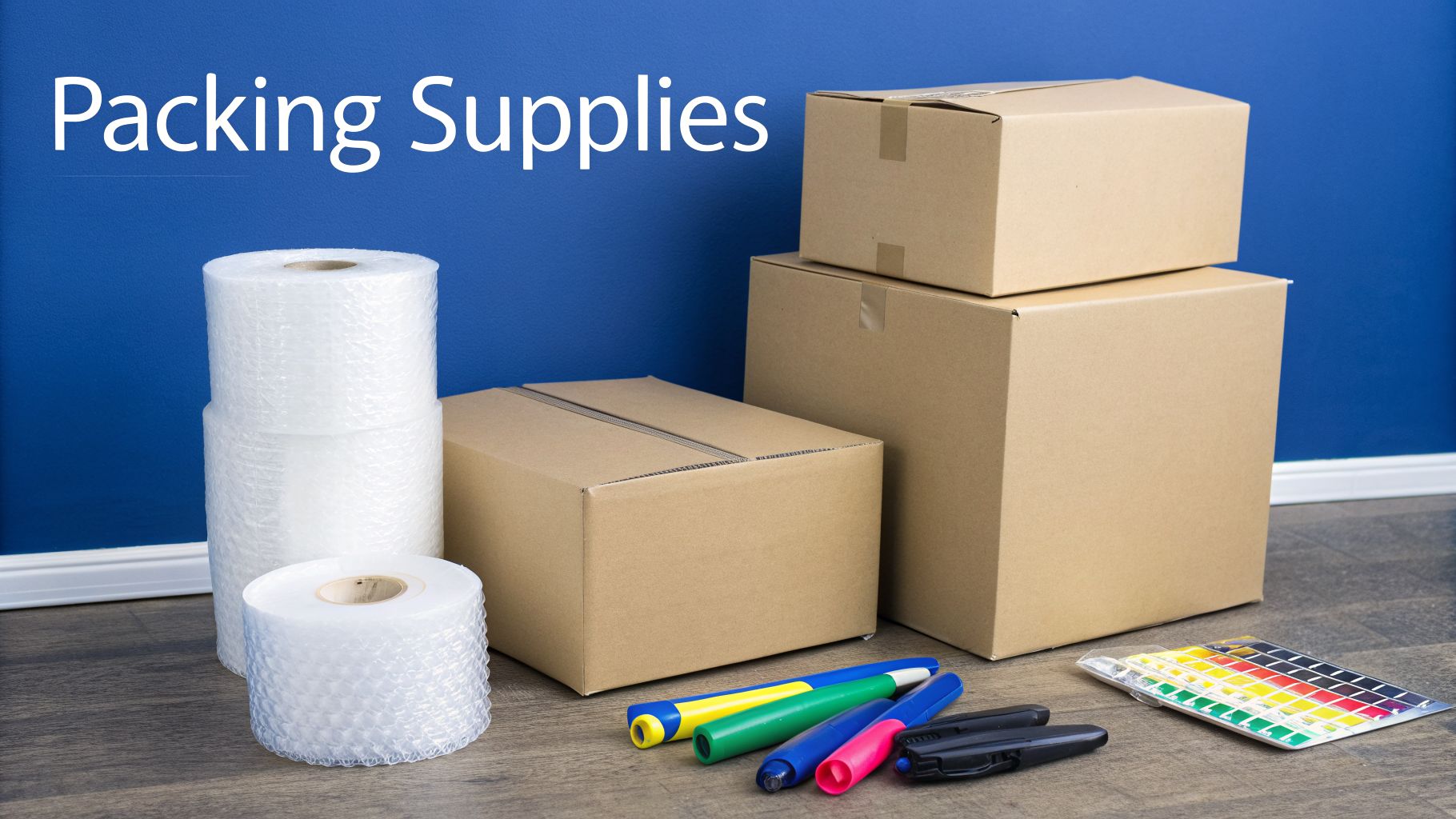 Packing supplies including cardboard boxes, rolls of bubble wrap, markers, and a color chart on a wooden floor.