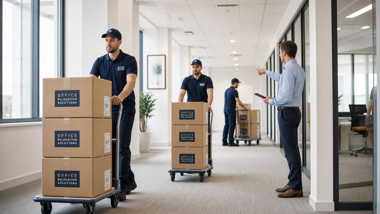 A professional supervisor directing moving crew members with cardboard boxes in a modern office hallway.
