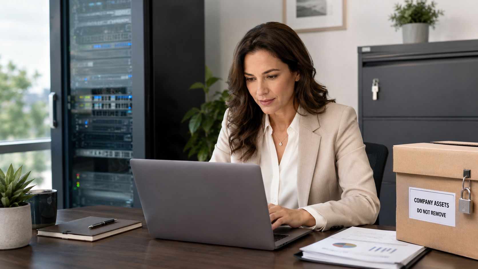 A professional woman working on a laptop at a desk with a box labeled company assets.
