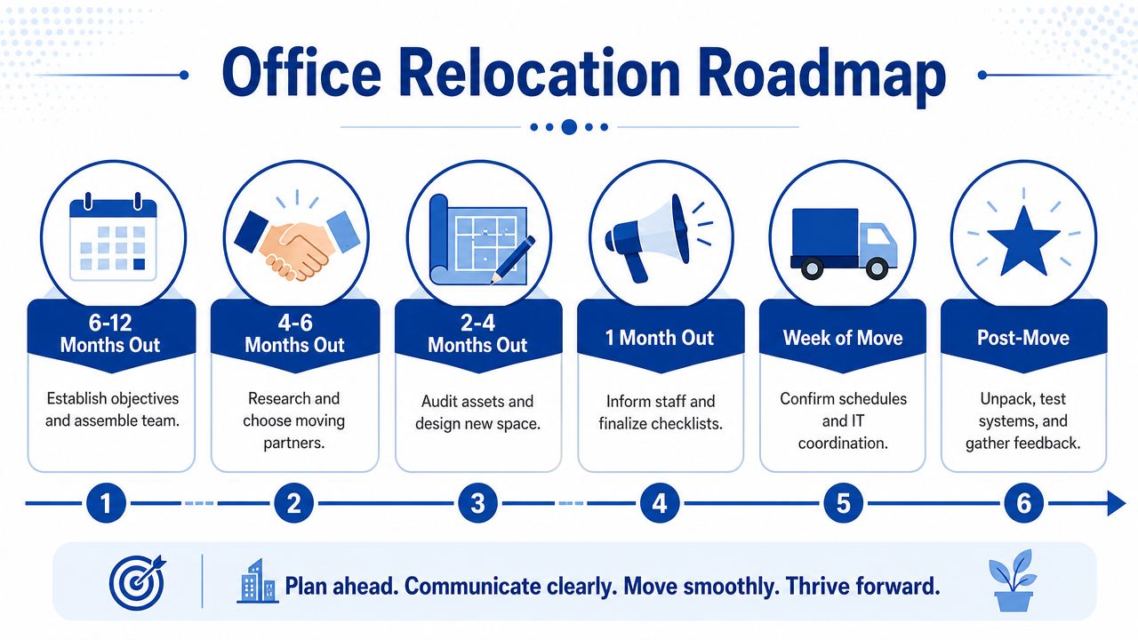 A six-step infographic titled Office Relocation Roadmap showing timelines from planning to the post-move process.