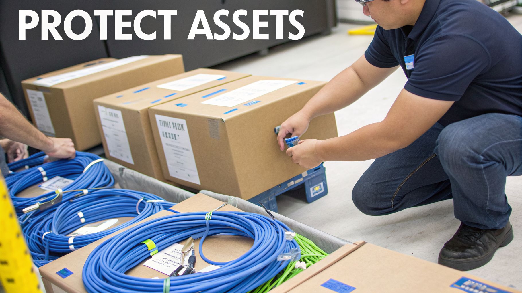 Workers managing inventory, securing boxes, and organizing blue cables to protect valuable assets.