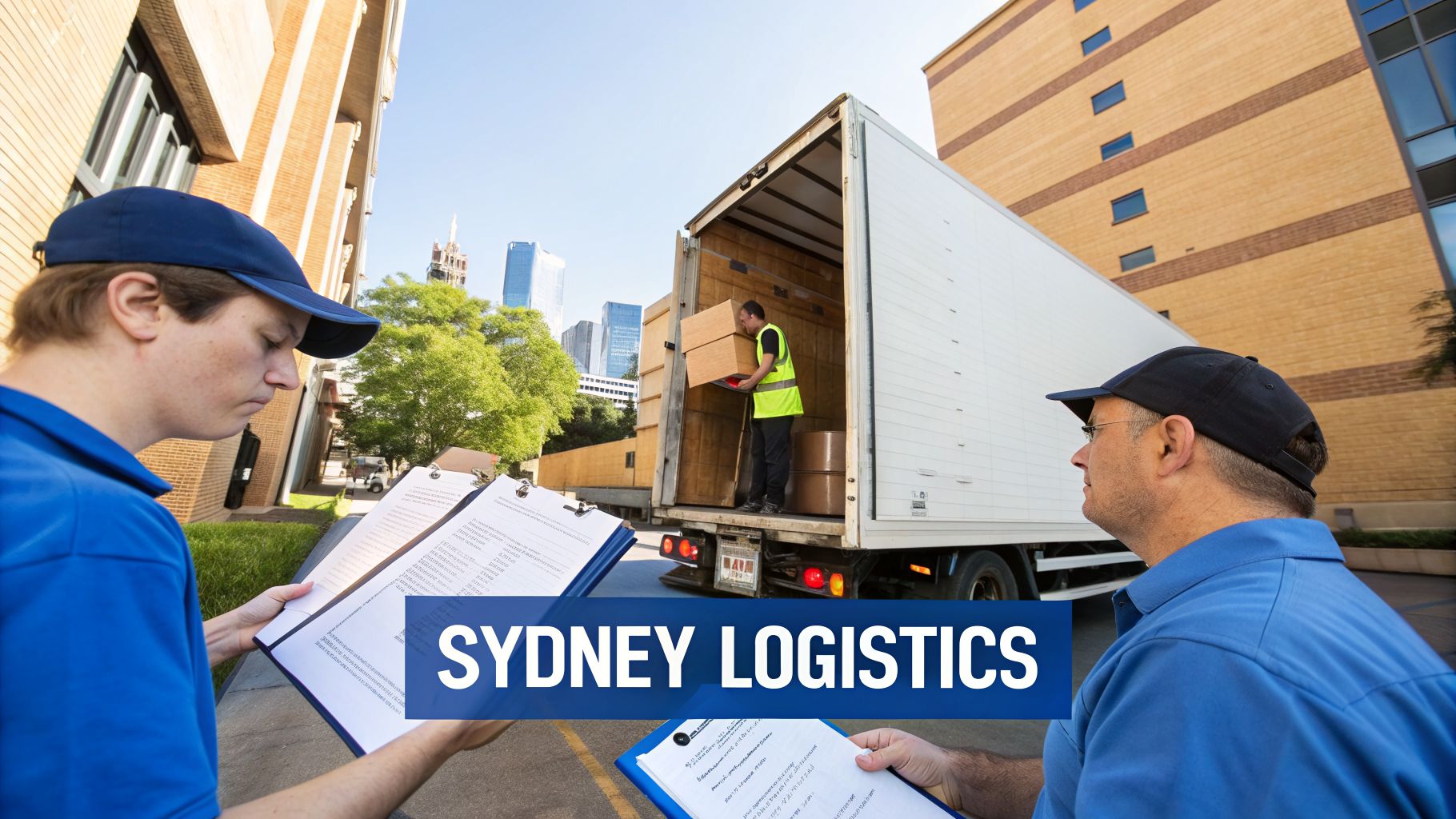 Workers unload boxes from a delivery truck while two others check clipboards in a city setting.