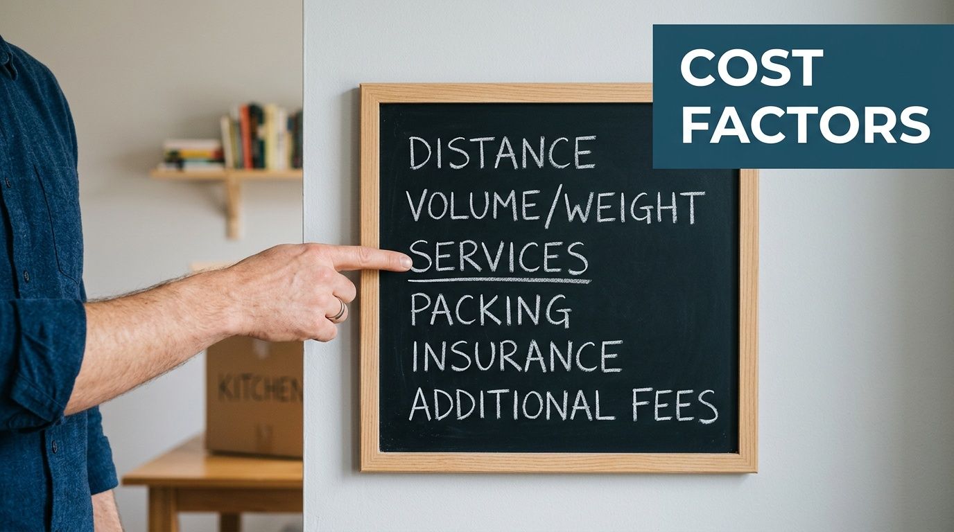 A person pointing at a chalkboard listing various cost factors involved in moving services.