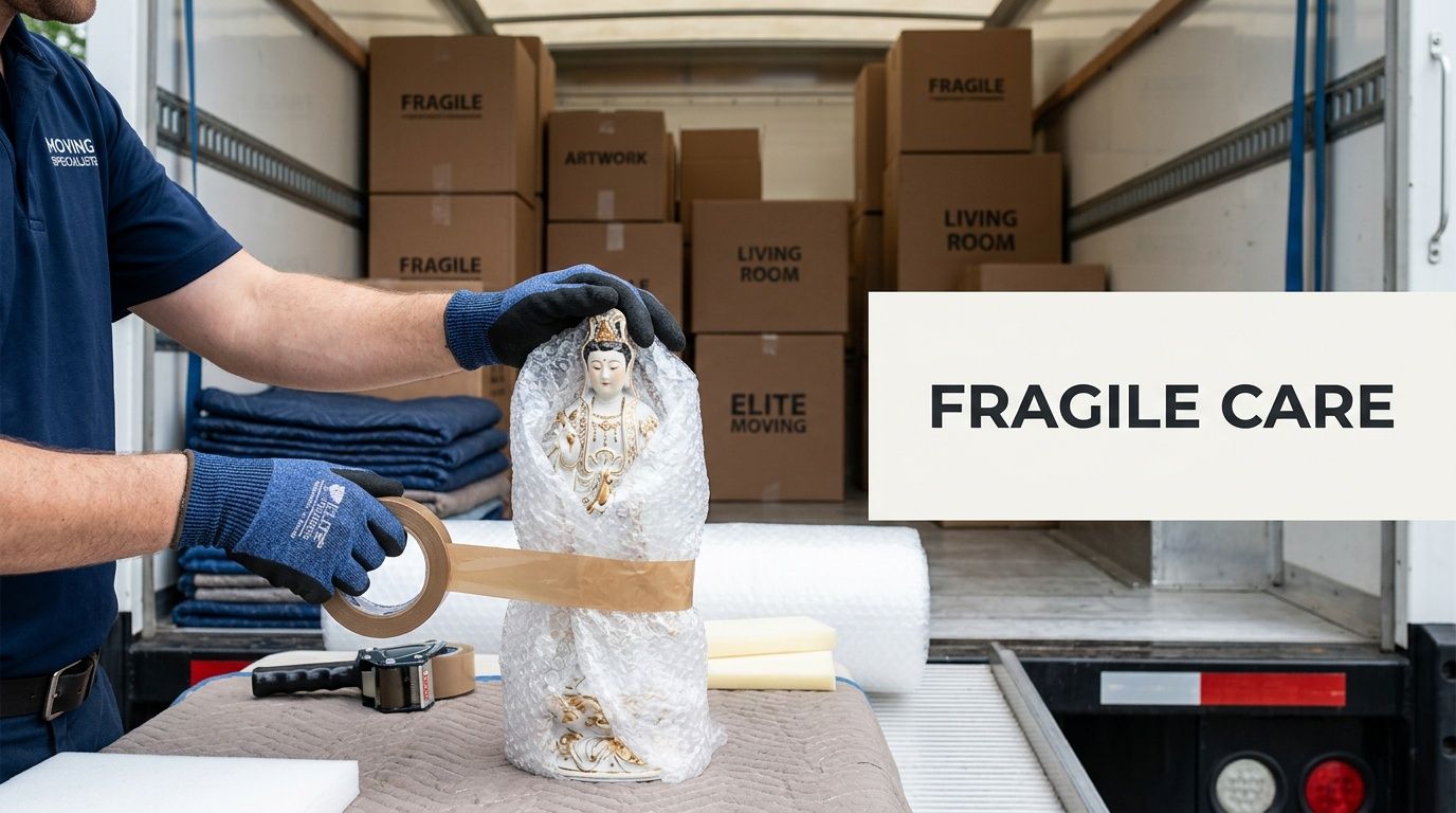 A professional mover in gloves carefully packing a delicate porcelain figurine with bubble wrap inside a truck.