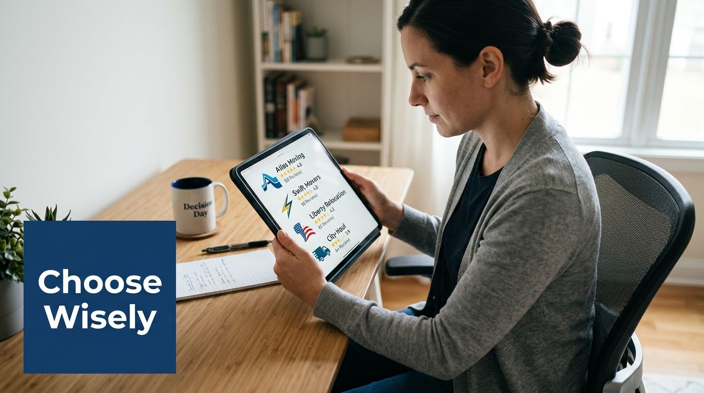 A woman reviewing moving company ratings on a tablet while sitting at a desk with a coffee mug.