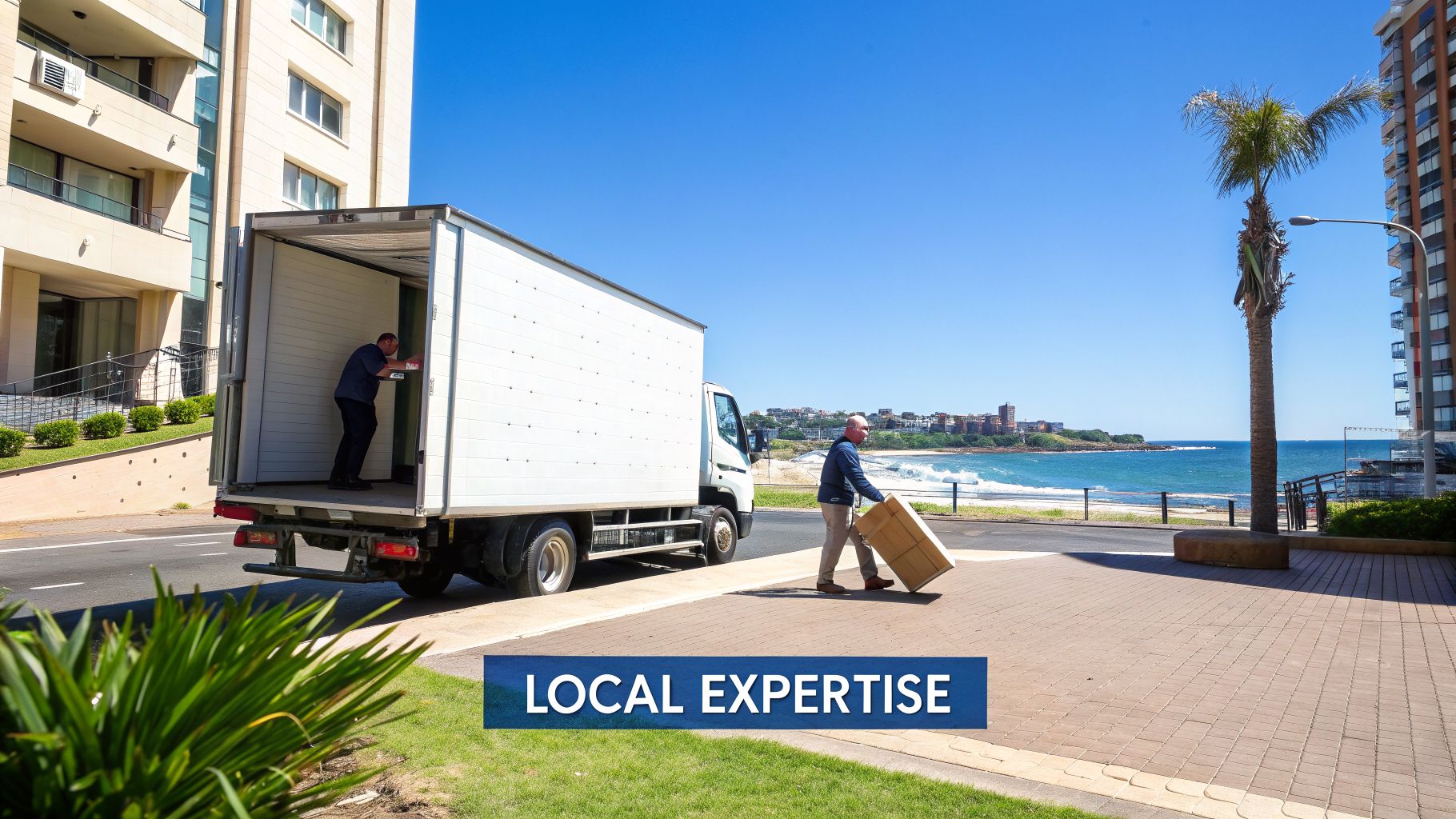 Two movers load items into a white truck next to a beach and apartment buildings on a sunny day.