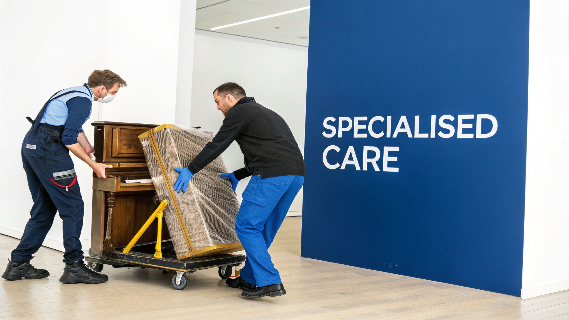 Professional movers provide specialized care while relocating a piano wrapped in plastic in a bright room.