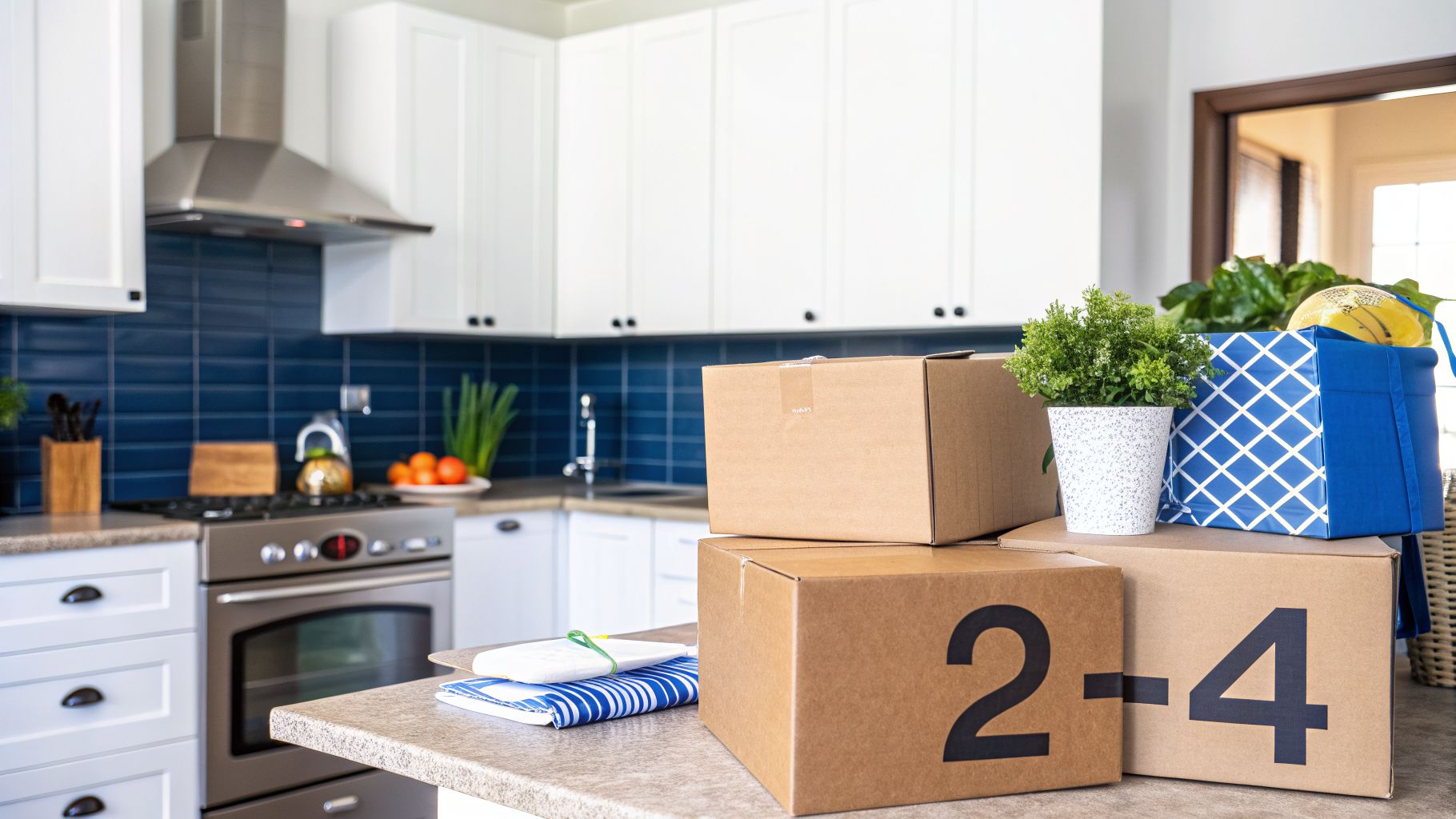 Moving boxes, a potted plant, and groceries on a kitchen counter in a modern home.