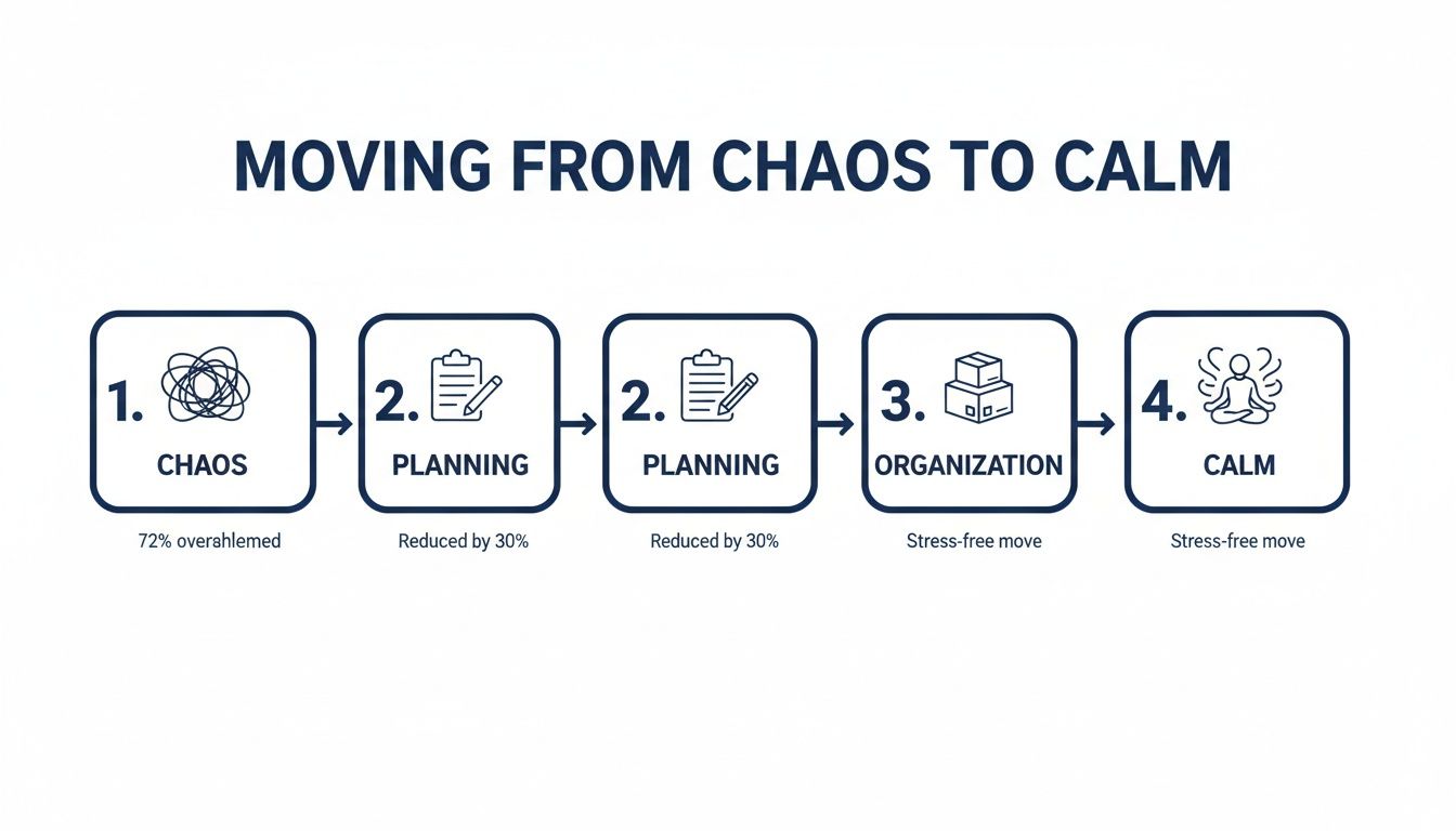 A step-by-step process infographic illustrating moving from chaos to calm through planning and organization.