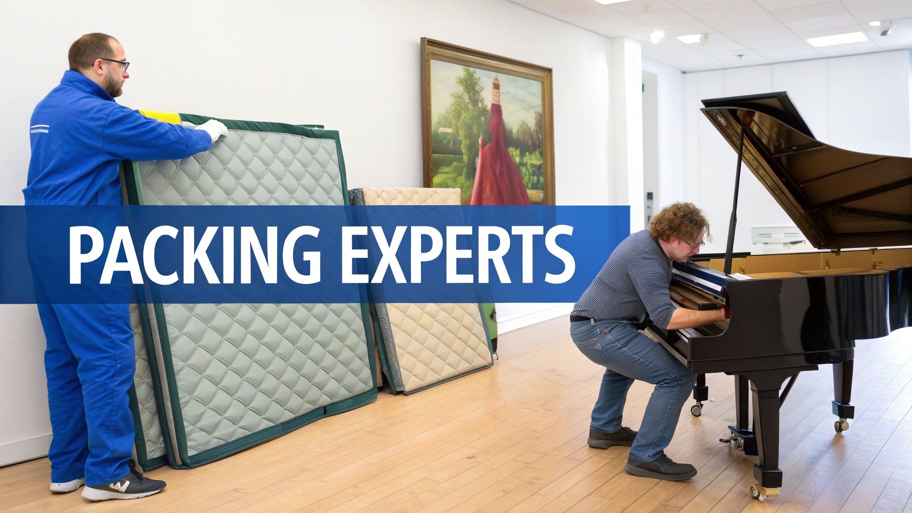 Packing experts prepare a grand piano and other items with protective blankets in a well-lit space.
