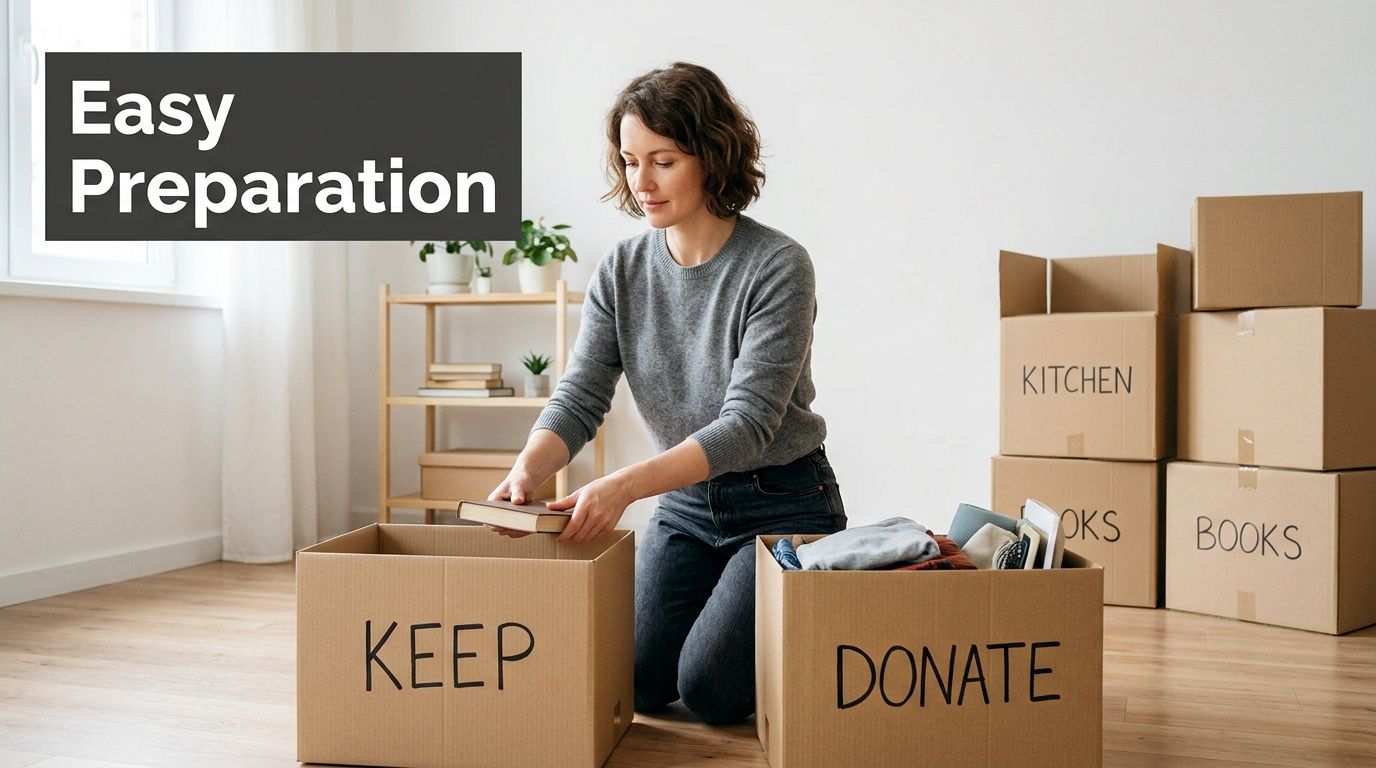 A woman kneeling on the floor packing books into cardboard boxes labeled for keeping and donating.