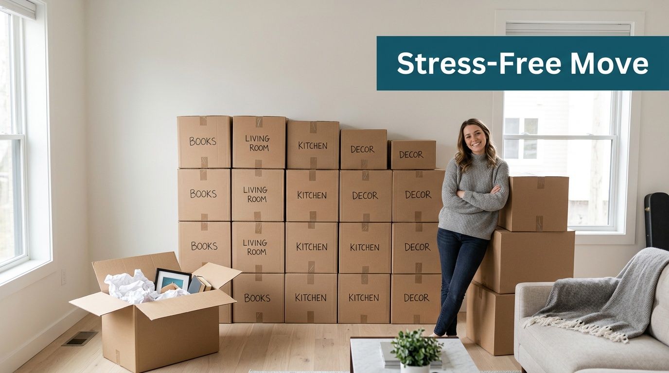 A woman stands confidently leaning against a stack of labeled cardboard moving boxes in a new home.