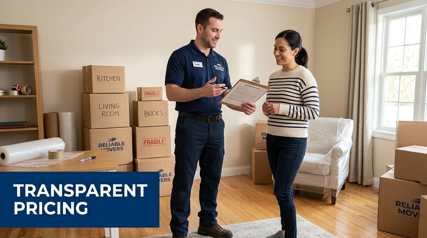 A professional mover in a blue uniform discusses a moving plan with a woman in a house.