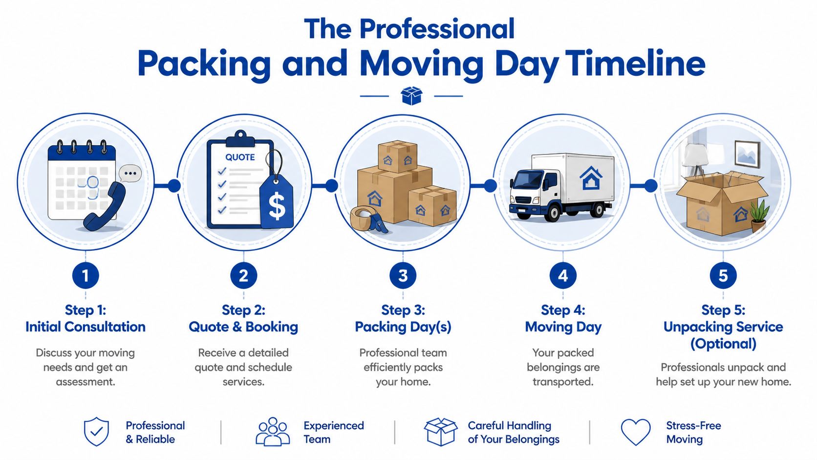 A professional infographic showing a five-step timeline for packing and moving services for homeowners.
