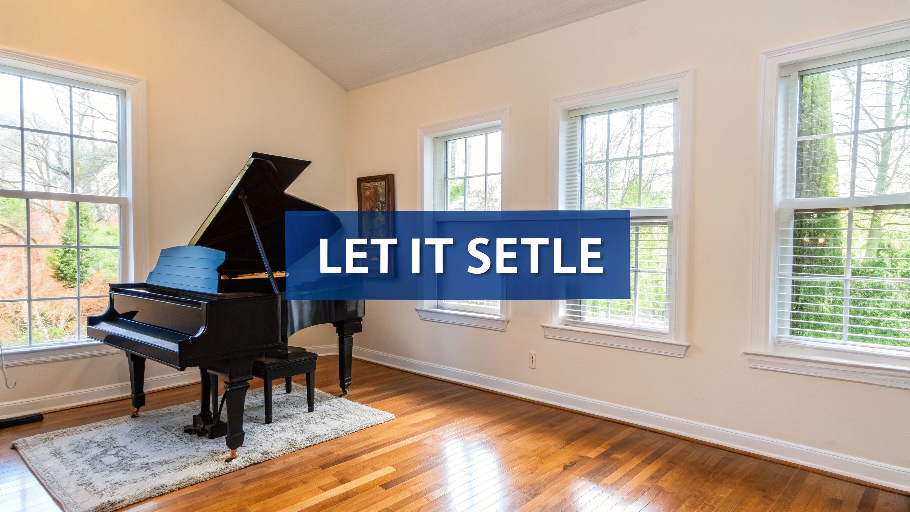 A elegant room featuring a shiny black grand piano, matching bench, and large windows looking outside.