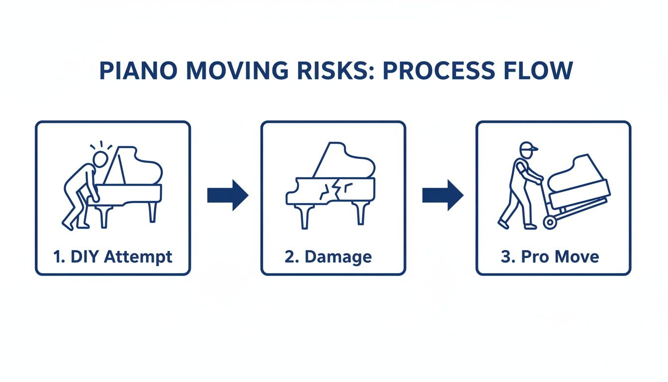 Infographic showing DIY piano moving risks: an attempt leads to damage, then a safe professional move.