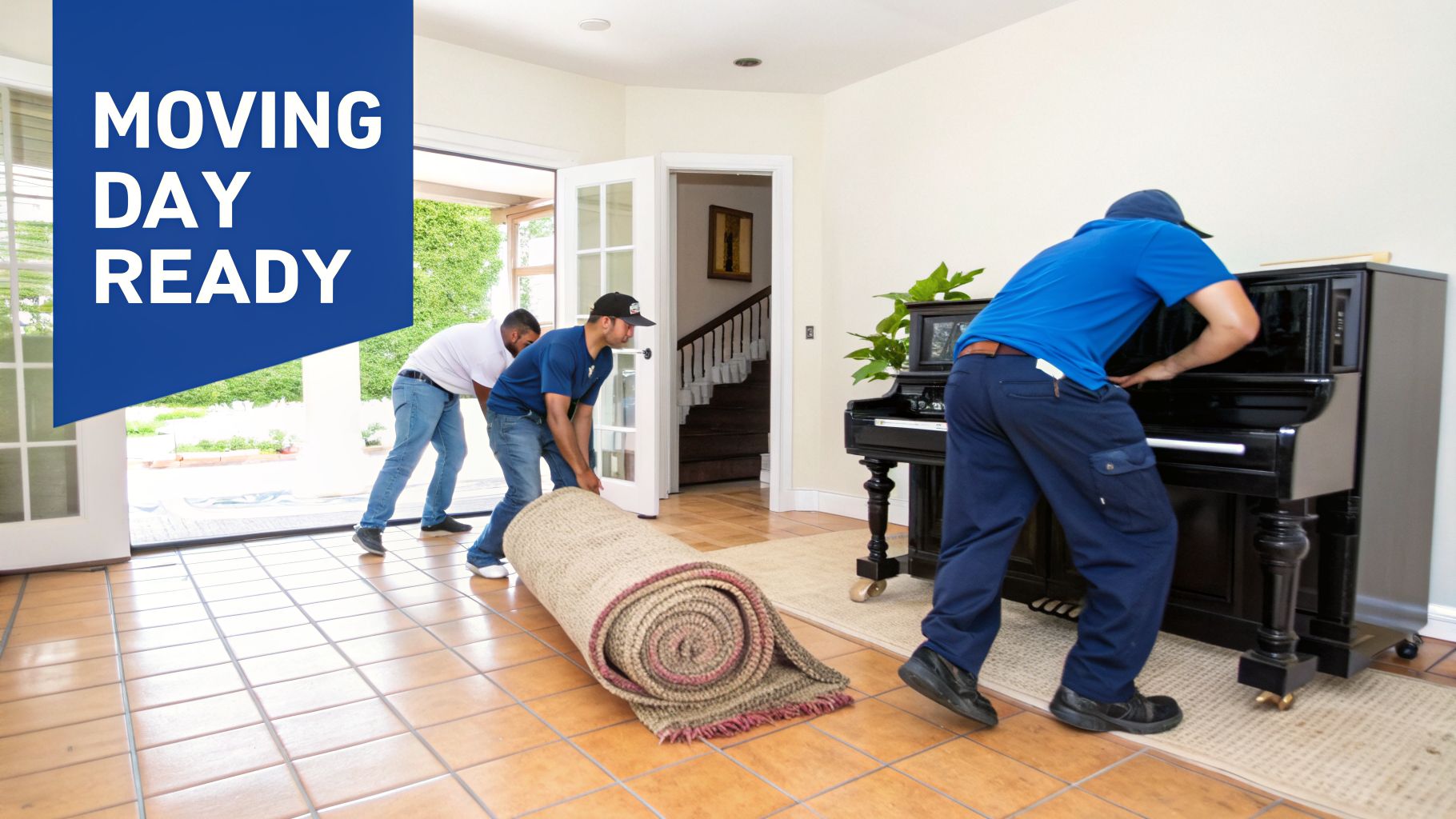 Professional movers prepare for moving day, rolling a rug and moving a piano in a bright house.