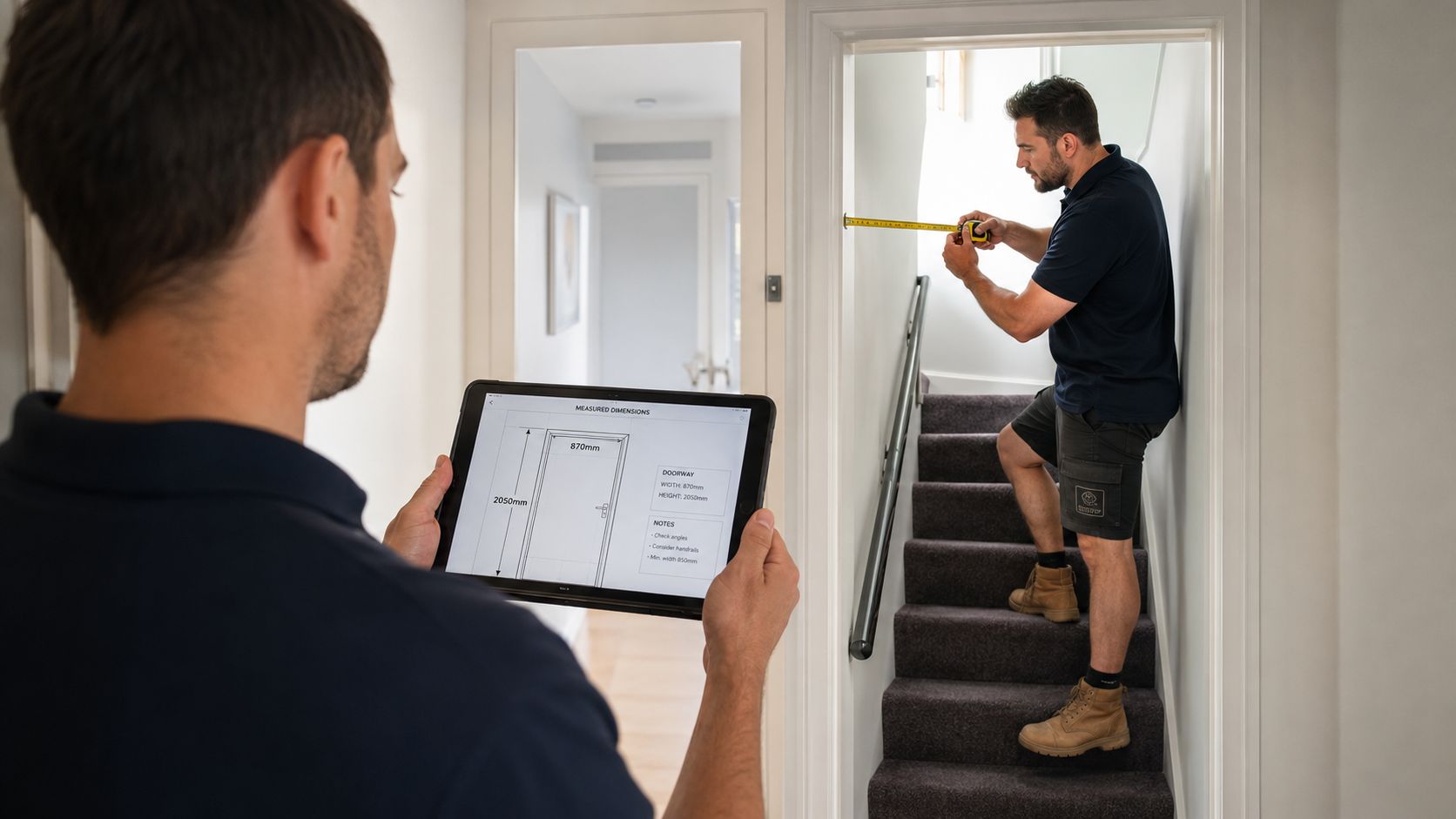 A professional measuring a doorway for home improvements while a colleague records data on a tablet.