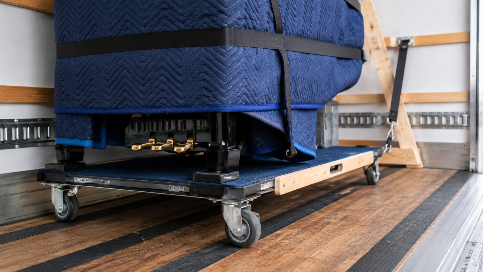 A grand piano securely wrapped in protective moving blankets sitting on a sturdy wooden moving dolly inside truck.