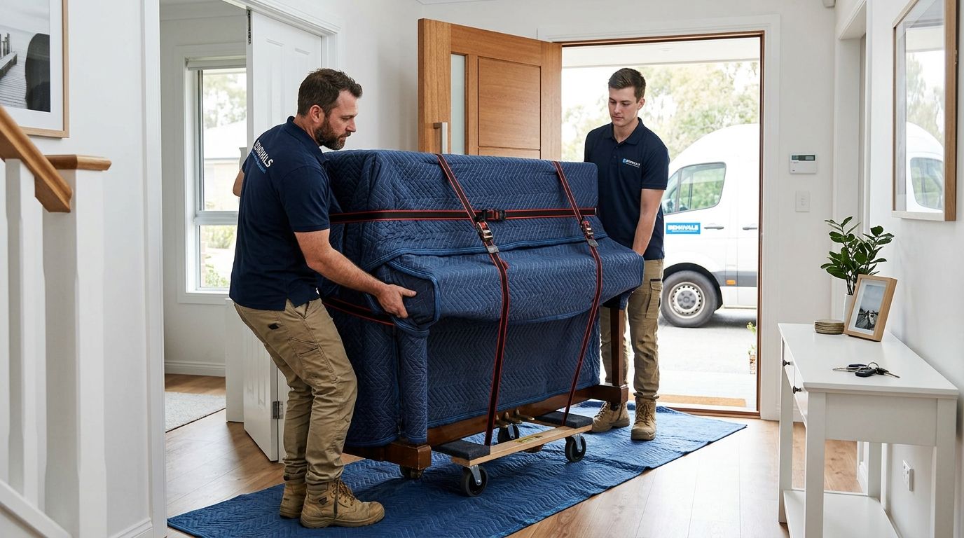 Two professional movers in uniforms carefully moving a wrapped upright piano on a dolly into a house.