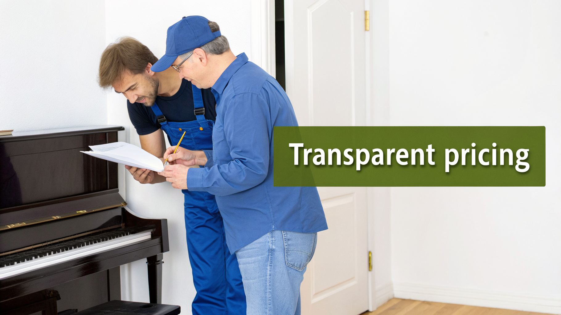 Two men, likely movers or technicians, review paperwork by a piano with 'Transparent pricing' displayed.