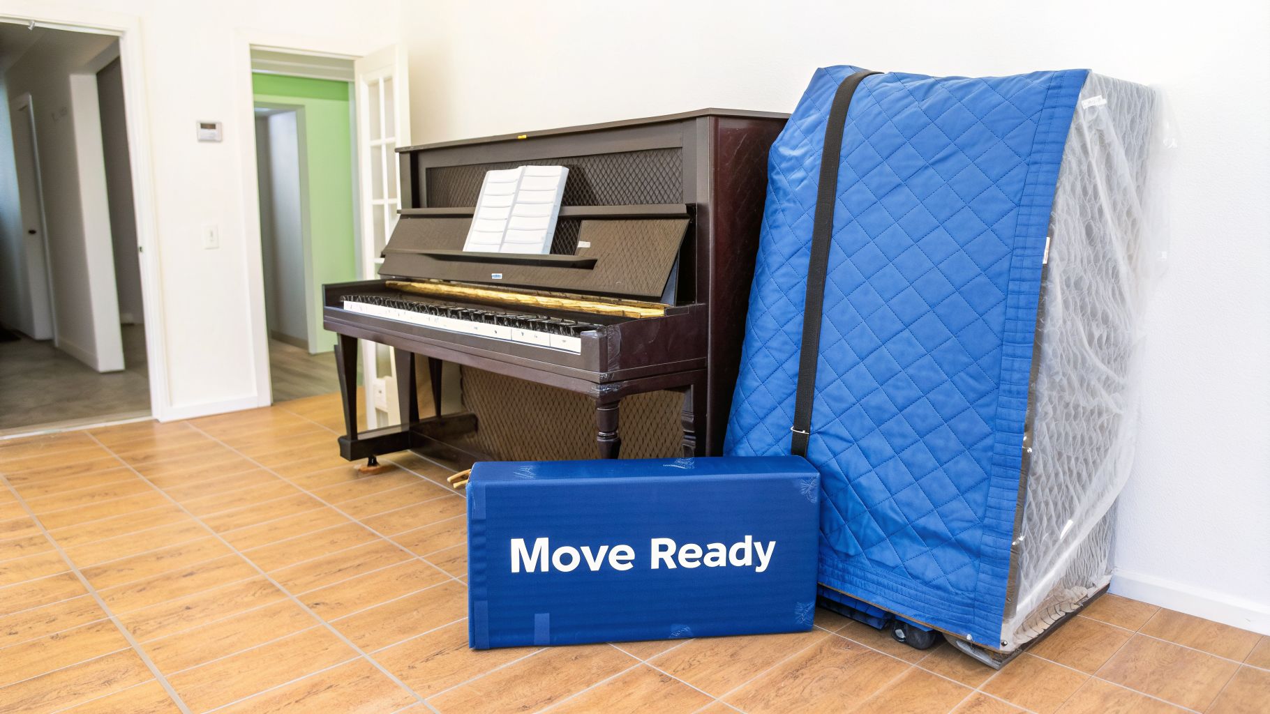 Two pianos in a room, one unwrapped and another wrapped in blue blankets, ready for moving.