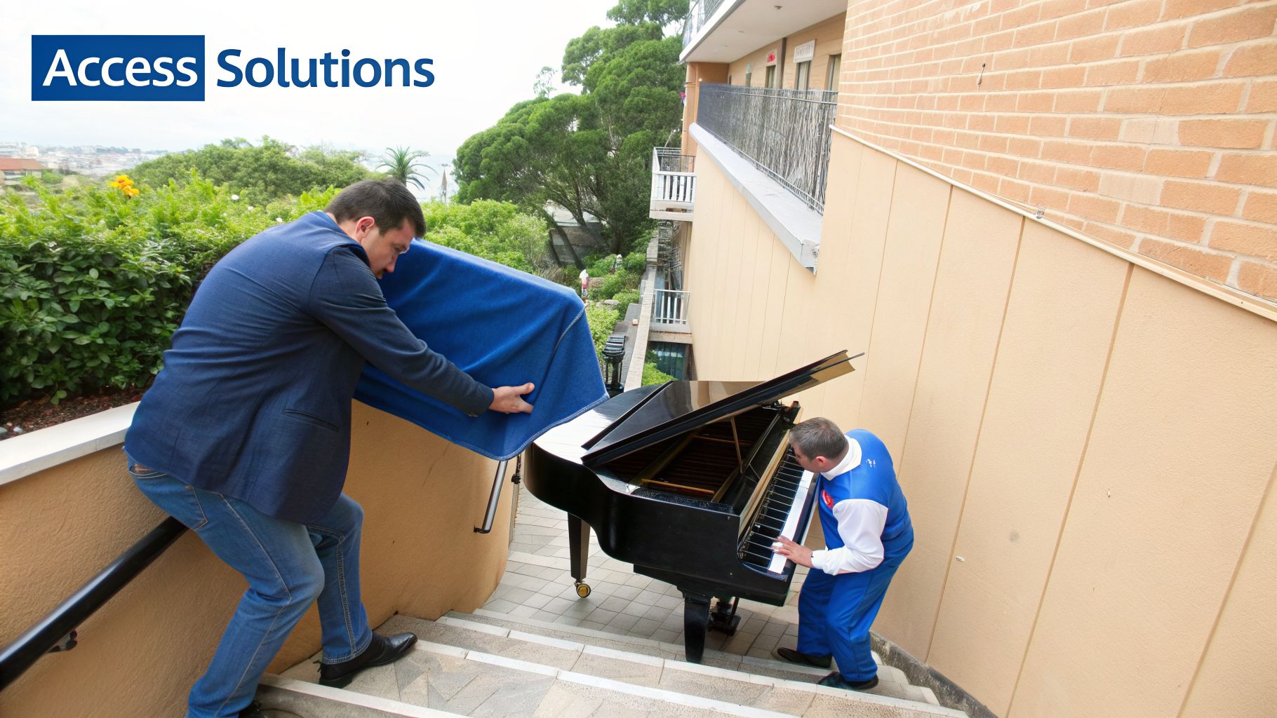 Two men carefully move a black grand piano down outdoor stairs, one in a suit, the other in blue overalls.