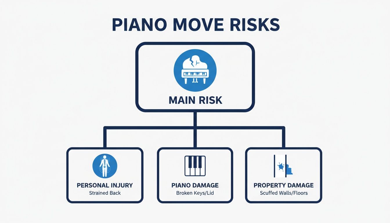 A diagram illustrating the main risks associated with moving a piano, including personal injury, piano damage, and property damage.