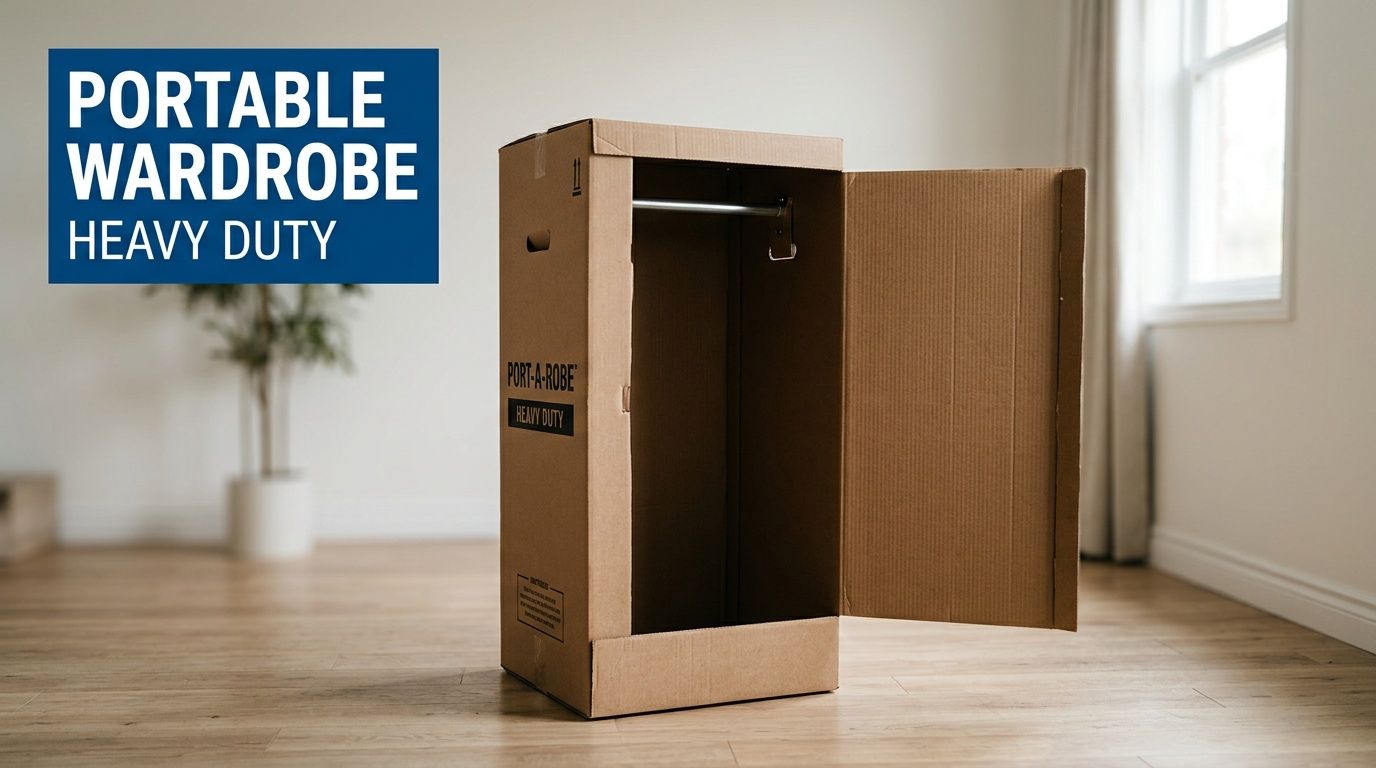 A cardboard portable wardrobe box with a metal hanging rod standing on a wooden floor.