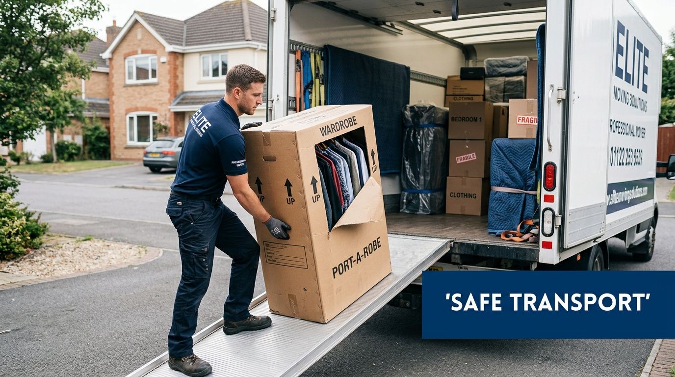 A professional mover in uniform carrying a Port-A-Robe box down a moving truck ramp.