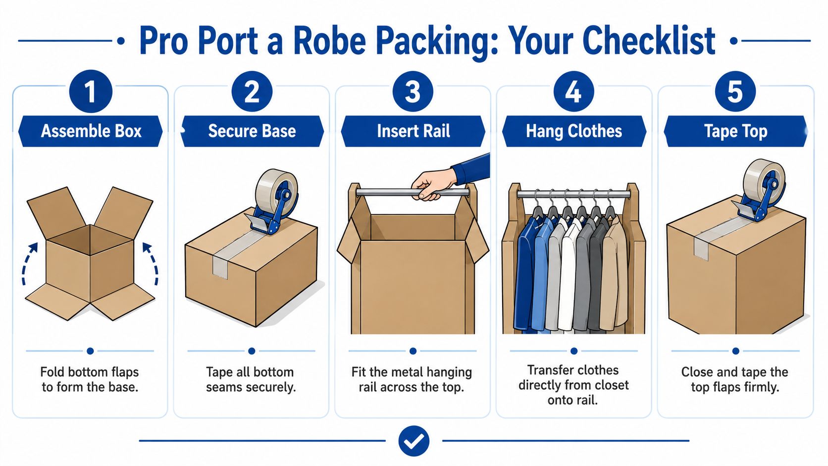 A step-by-step checklist illustrating how to assemble and pack a portable wardrobe box for moving clothes.