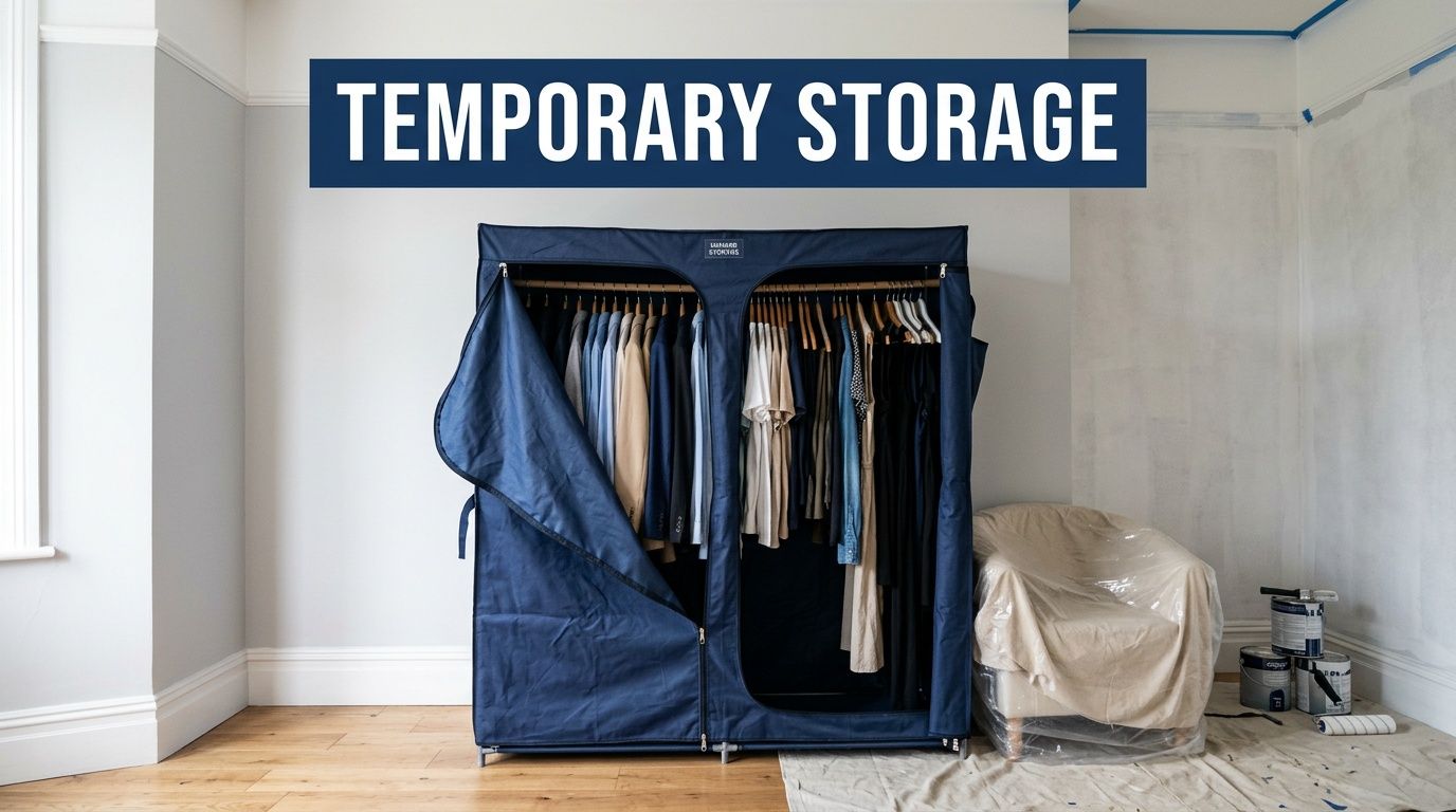 A portable fabric wardrobe filled with hanging clothes stands in a room undergoing home renovation.