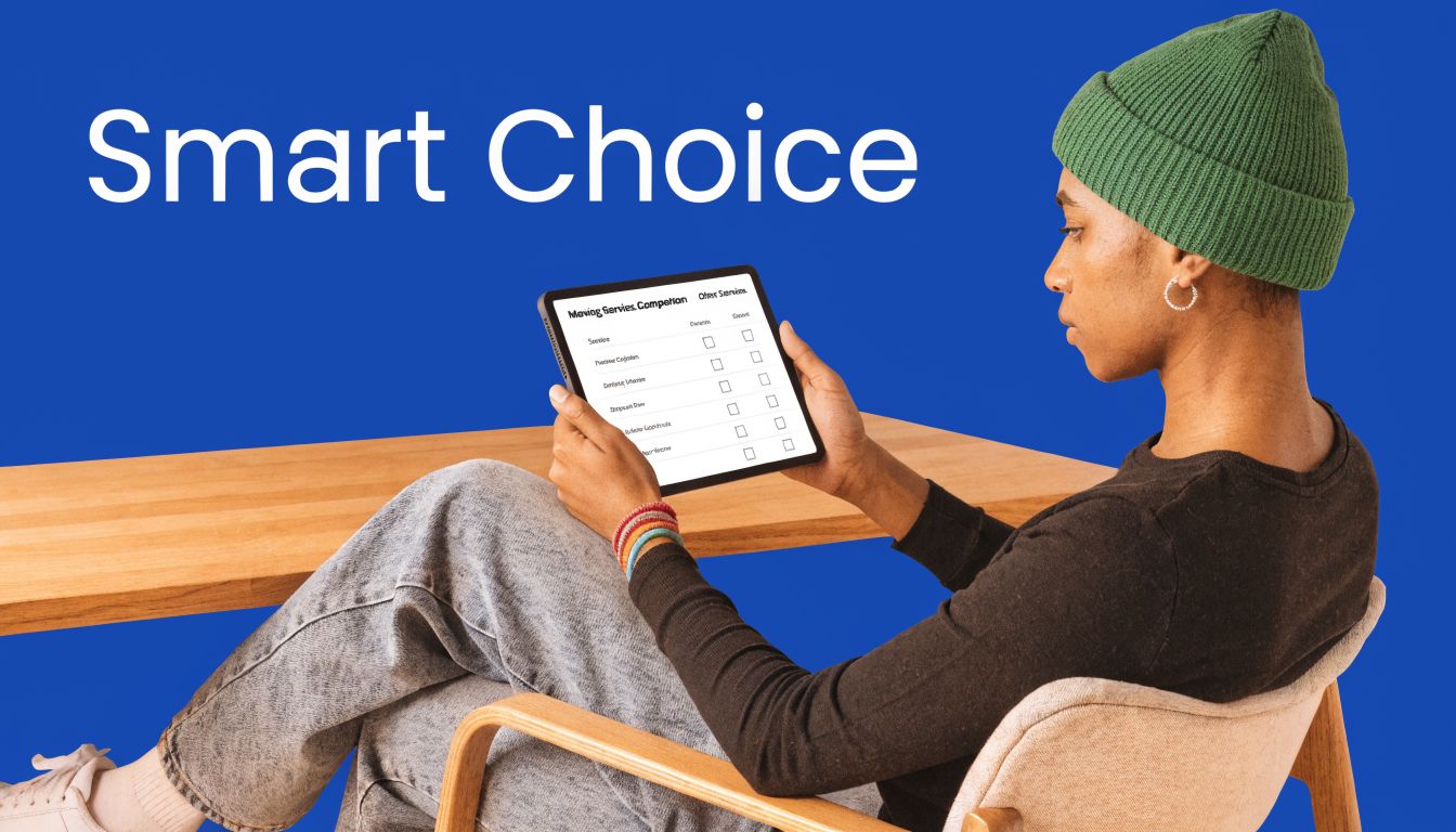 A person sitting in a chair, holding a tablet displaying a professional moving services checklist for comparison.