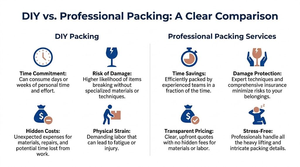A comparison infographic showing the benefits and drawbacks of DIY packing versus professional moving packing services.