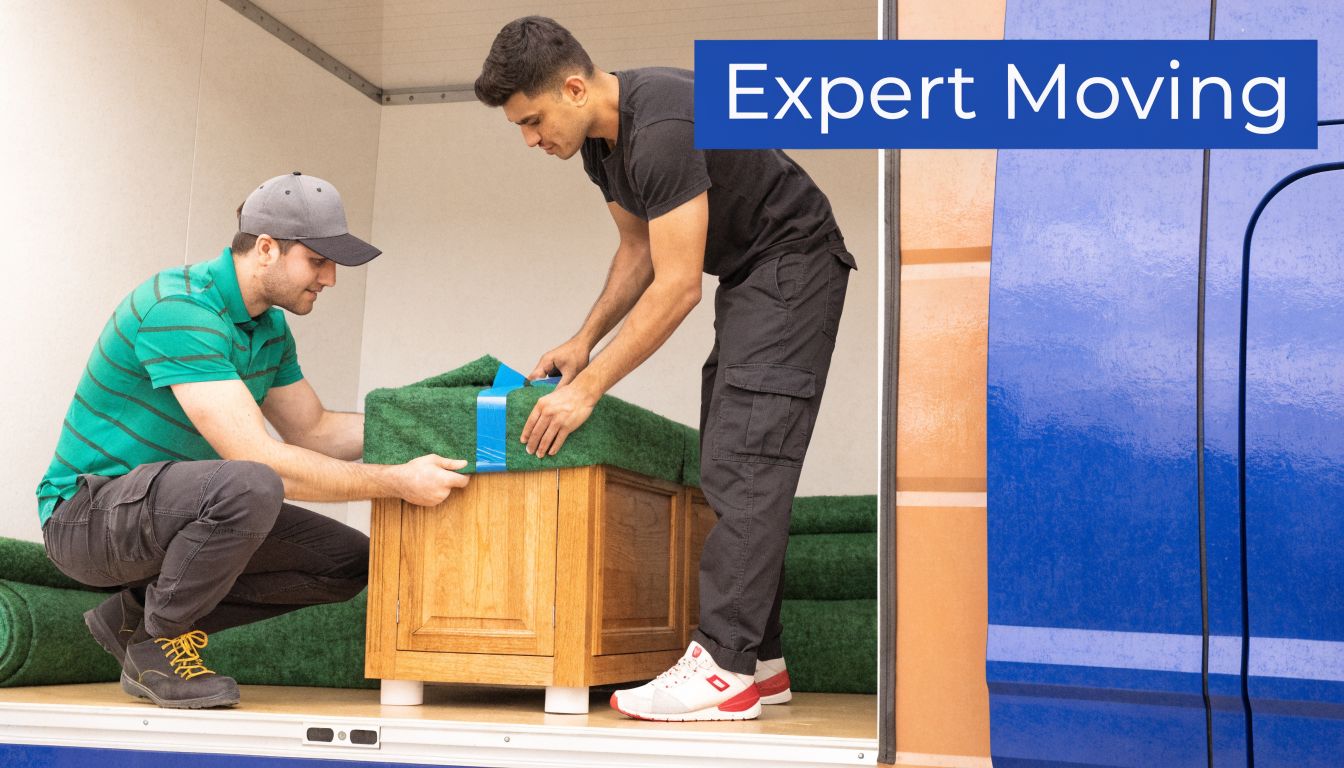 Two professional movers carefully wrapping a wooden piece of furniture with protective materials inside a moving van.