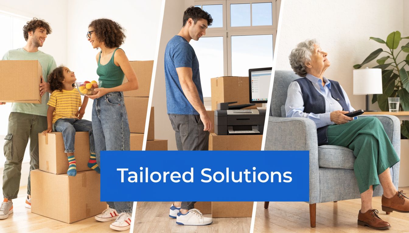 A collage showing a family moving, a man working with boxes, and an elderly woman relaxing.