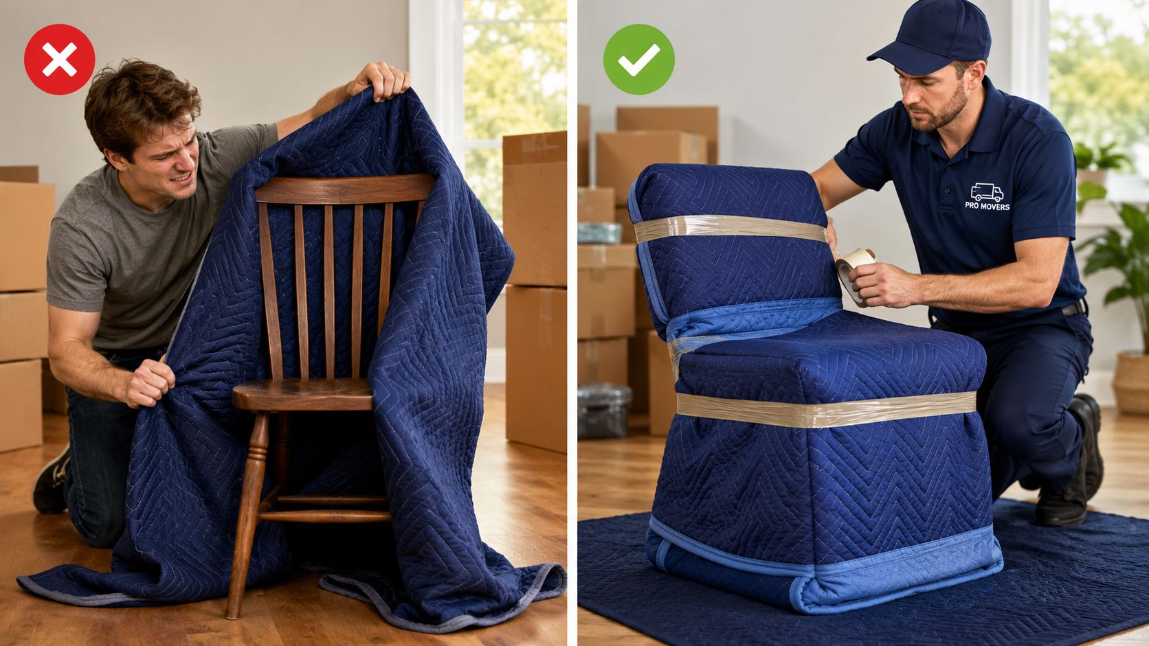 A professional mover demonstrates proper use of quilted furniture pads to securely wrap a chair for moving.