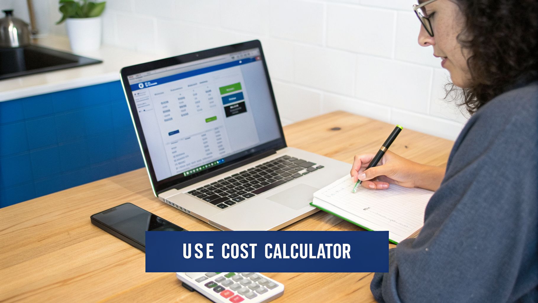 A person uses a laptop cost calculator, writes in a notebook, with a phone and calculator nearby.